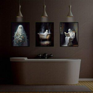 3 Ghosts Flowers Ghost Bathing Ghost Toilet Ghost 3 Canvas Prints 12 X 16" NWT